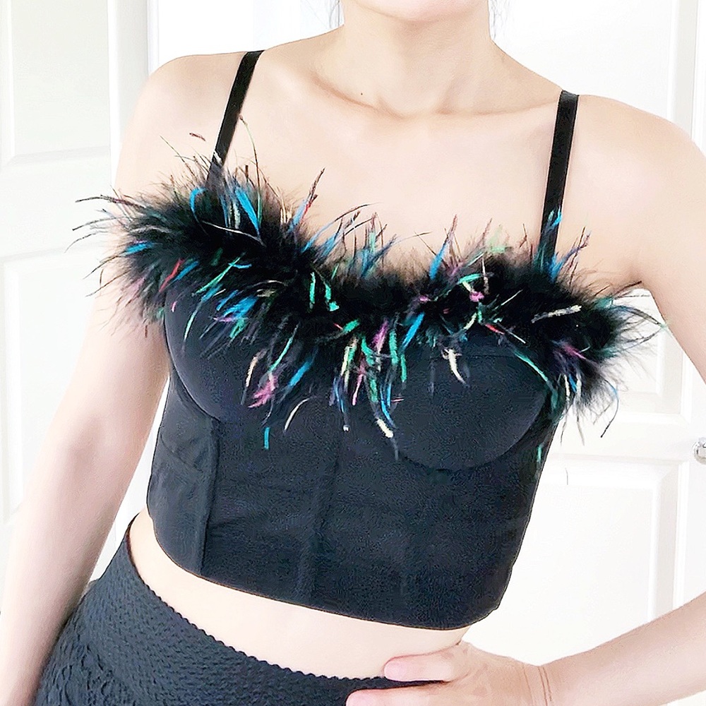 😍 KIWI Colorful Feather Trim Bustier Top in Black